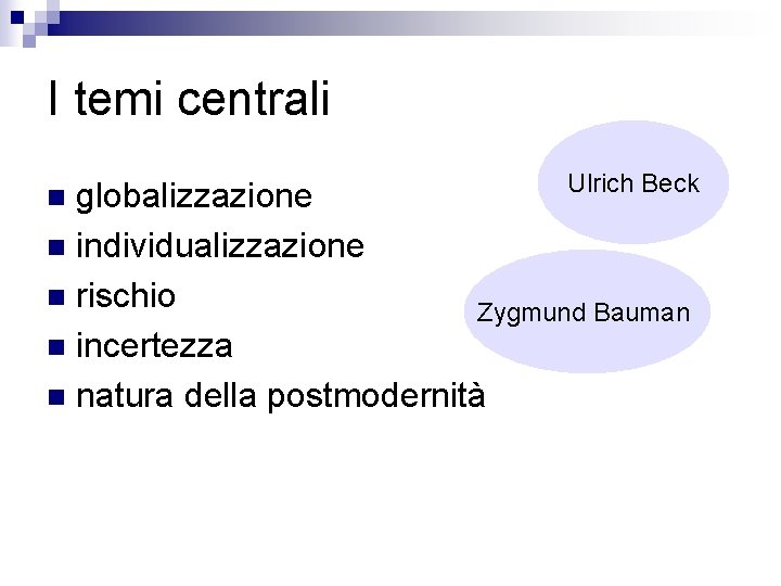 I temi centrali Ulrich Beck globalizzazione n individualizzazione n rischio Zygmund Bauman n incertezza
