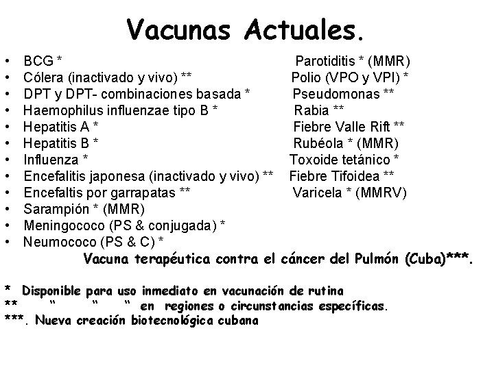 Vacunas Actuales. • • • BCG * Parotiditis * (MMR) Cólera (inactivado y vivo)