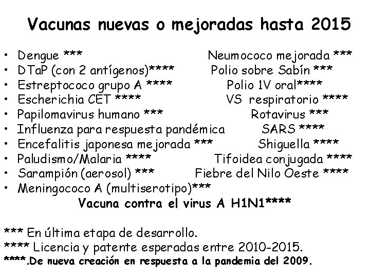 Vacunas nuevas o mejoradas hasta 2015 • • • Dengue *** Neumococo mejorada ***