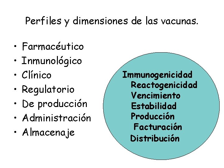 Perfiles y dimensiones de las vacunas. • • Farmacéutico Inmunológico Clínico Regulatorio De producción