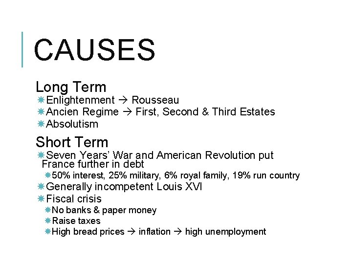 CAUSES Long Term Enlightenment Rousseau Ancien Regime First, Second & Third Estates Absolutism Short