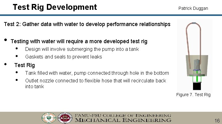 Test Rig Development Patrick Duggan Test 2: Gather data with water to develop performance