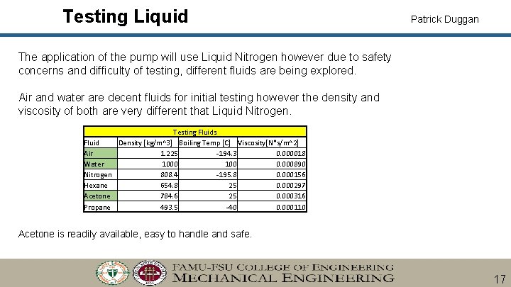 Testing Liquid Patrick Duggan The application of the pump will use Liquid Nitrogen however