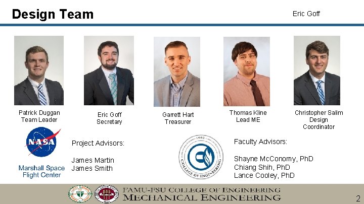 Design Team Patrick Duggan Team Leader Eric Goff Secretary Garrett Hart Treasurer Thomas Kline