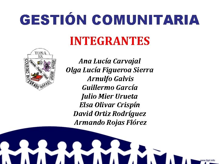 GESTIÓN COMUNITARIA INTEGRANTES Ana Lucía Carvajal Olga Lucía Figueroa Sierra Arnulfo Galvis Guillermo García