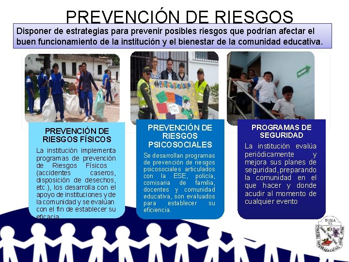 PREVENCIÓN DE RIESGOS Disponer de estrategias para prevenir posibles riesgos que podrían afectar el