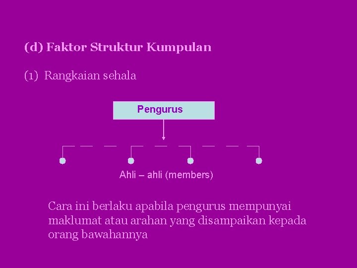 (d) Faktor Struktur Kumpulan (1) Rangkaian sehala Pengurus Ahli – ahli (members) Cara ini