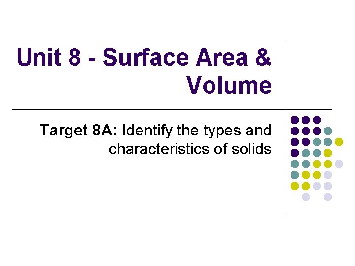 Unit 8 - Surface Area & Volume Target 8 A: Identify the types and