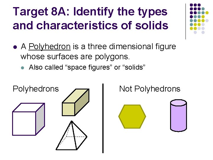 Target 8 A: Identify the types and characteristics of solids l A Polyhedron is