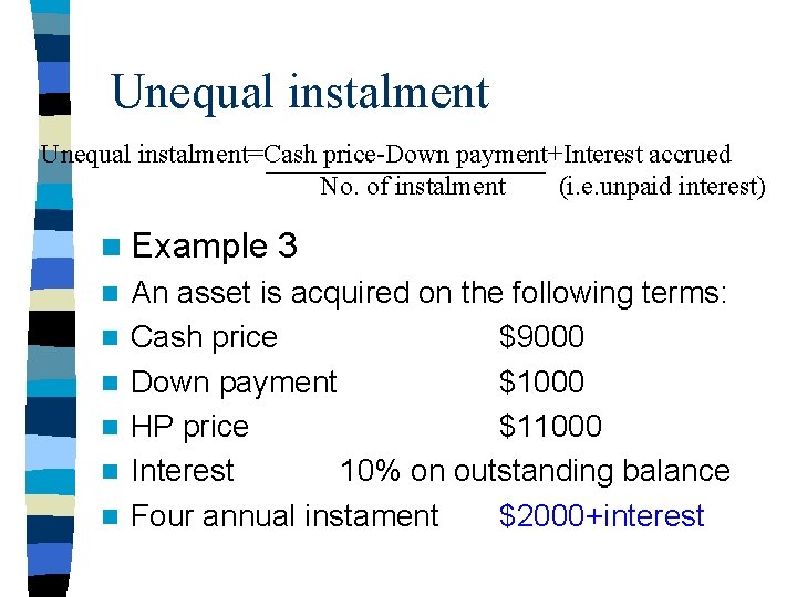 Unequal instalment=Cash price-Down payment+Interest accrued No. of instalment (i. e. unpaid interest) n Example