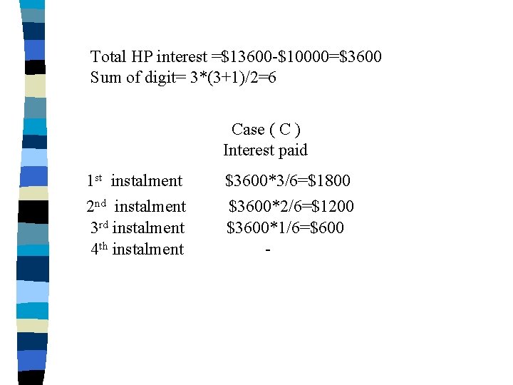 Total HP interest =$13600 -$10000=$3600 Sum of digit= 3*(3+1)/2=6 Case ( C ) Interest