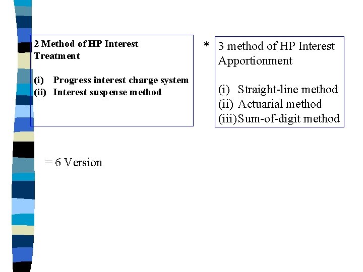 2 Method of HP Interest Treatment (i) Progress interest charge system (ii) Interest suspense