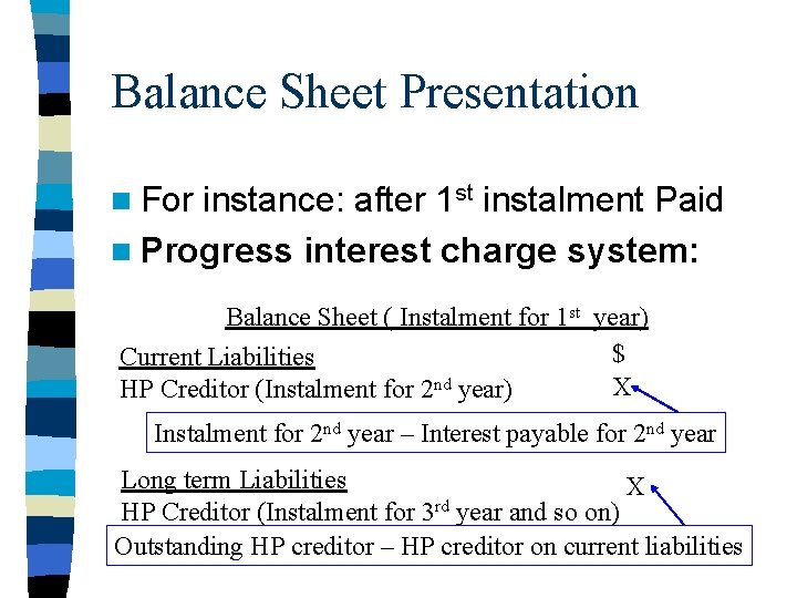 Balance Sheet Presentation n For instance: after 1 st instalment Paid n Progress interest