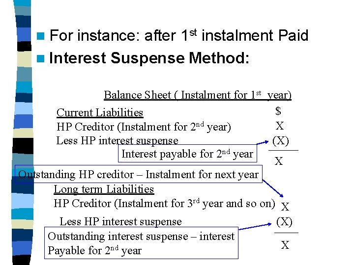 n For instance: after 1 st instalment Paid n Interest Suspense Method: Balance Sheet