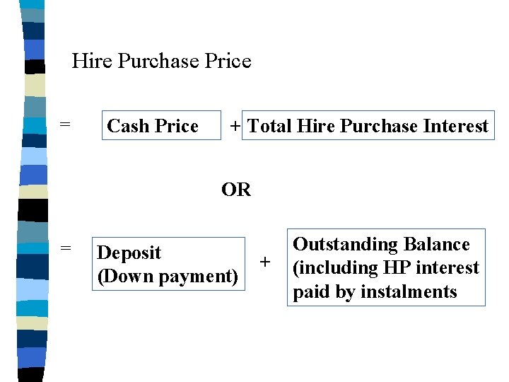 Hire Purchase Price = Cash Price + Total Hire Purchase Interest OR = Deposit