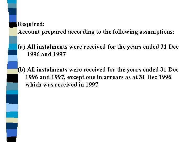 Required: Account prepared according to the following assumptions: (a) All instalments were received for