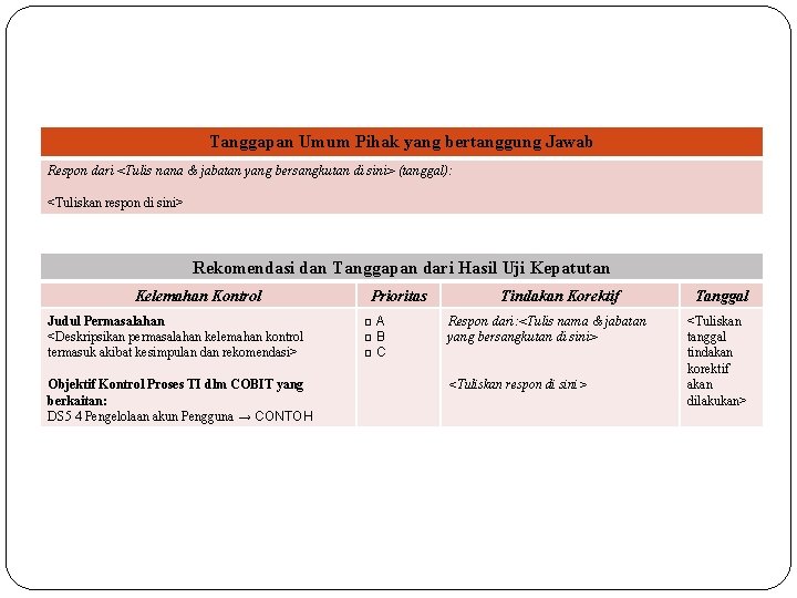 Tanggapan Umum Pihak yang bertanggung Jawab Respon dari <Tulis nana & jabatan yang bersangkutan Tanggapan Umum Pihak yang bertanggung Jawab Respon dari <Tulis nana & jabatan yang bersangkutan
