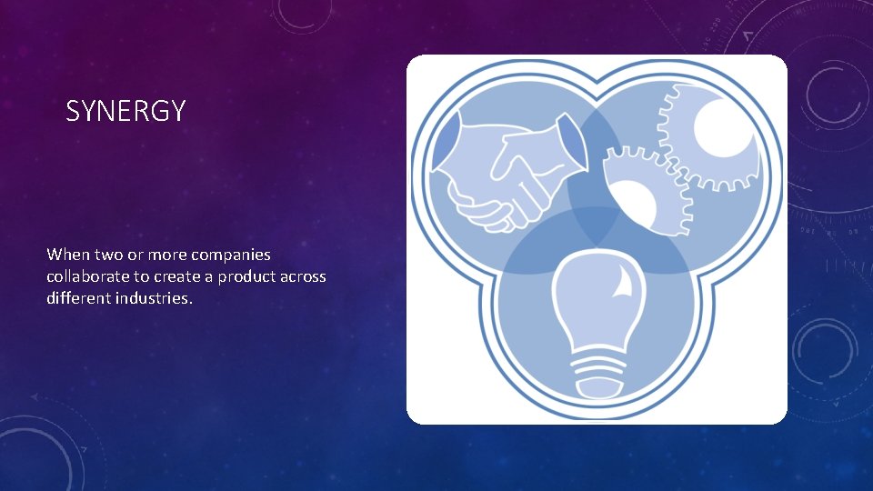 SYNERGY When two or more companies collaborate to create a product across different industries.