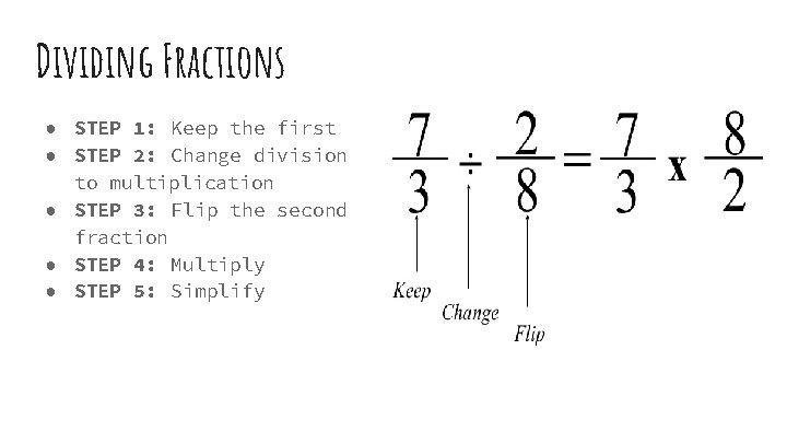 Dividing Fractions ● STEP 1: Keep the first ● STEP 2: Change division to
