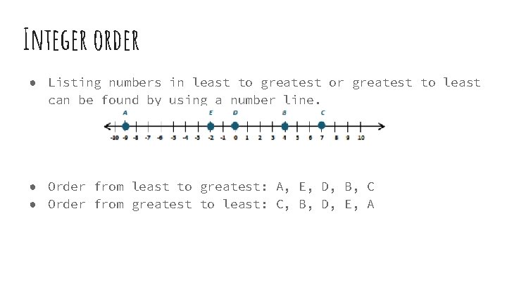Integer order ● Listing numbers in least to greatest or greatest to least can