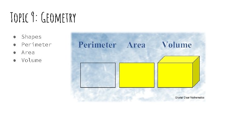 Topic 9: Geometry ● ● Shapes Perimeter Area Volume 