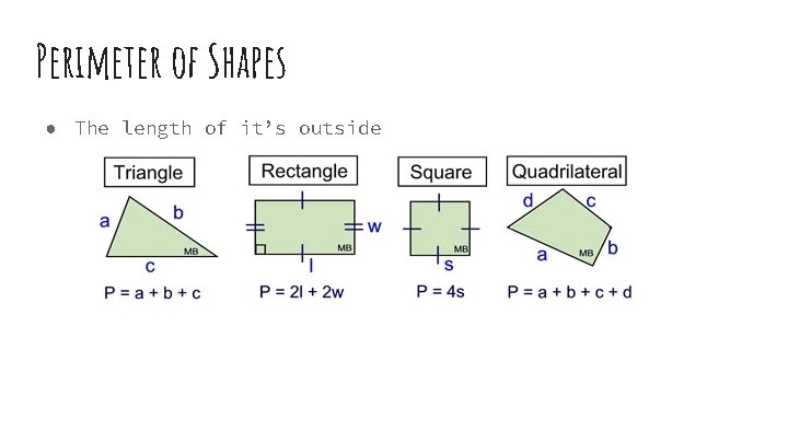 Perimeter of Shapes ● The length of it’s outside 