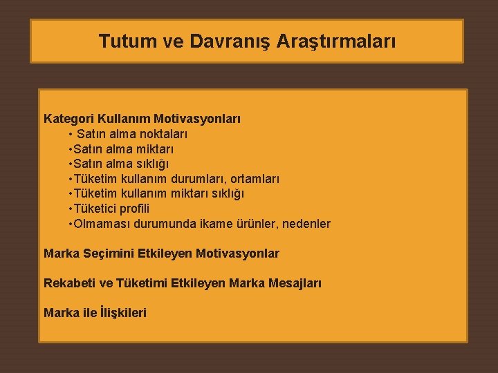 Tutum ve Davranış Araştırmaları Kategori Kullanım Motivasyonları • Satın alma noktaları • Satın alma