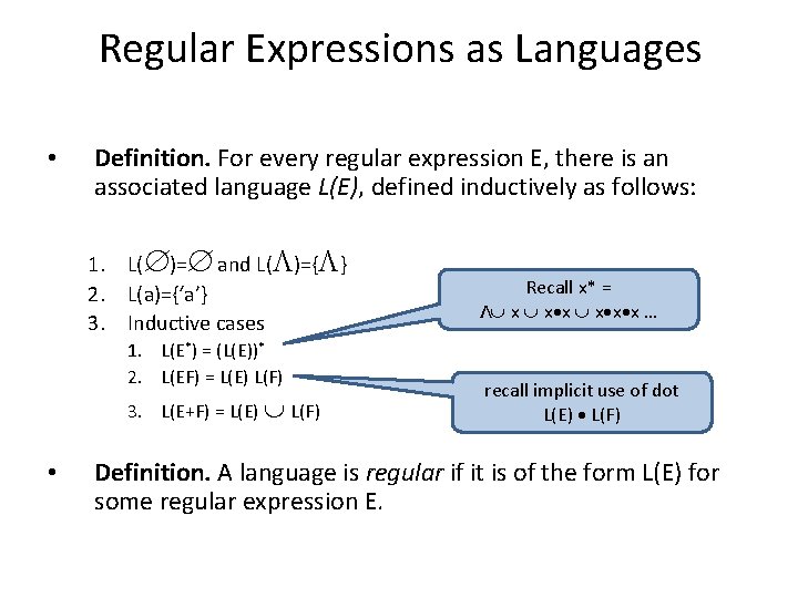 Regular Expressions as Languages • Definition. For every regular expression E, there is an