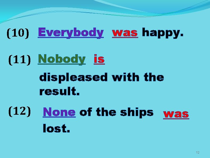 (10) Everybody was happy. (11) Nobody is displeased with the result. (12) None of