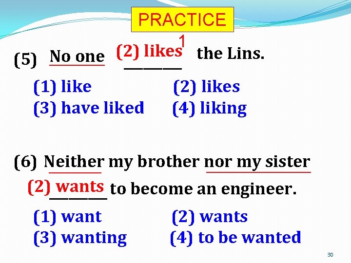 PRACTICE 1 (2) likes No one (5) _________ the Lins. (1) like (2) likes