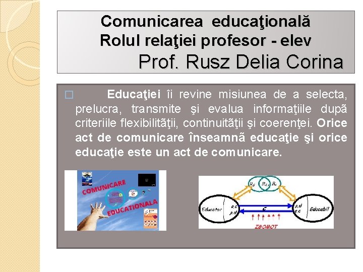 Comunicarea educaţională Rolul relaţiei profesor - elev Prof. Rusz Delia Corina � Educaţiei îi