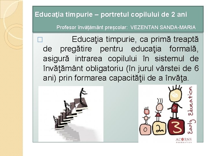 Educaţia timpurie – portretul copilului de 2 ani Profesor învățământ preșcolar: VEZENTAN SANDA-MARIA Educaţia