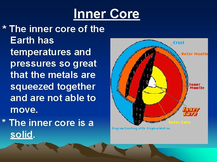 Inner Core * The inner core of the Earth has temperatures and pressures so