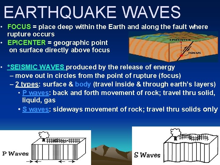 EARTHQUAKE WAVES • FOCUS = place deep within the Earth and along the fault