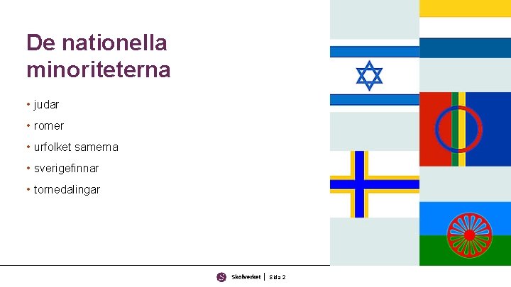 De nationella minoriteterna • judar • romer • urfolket samerna • sverigefinnar • tornedalingar