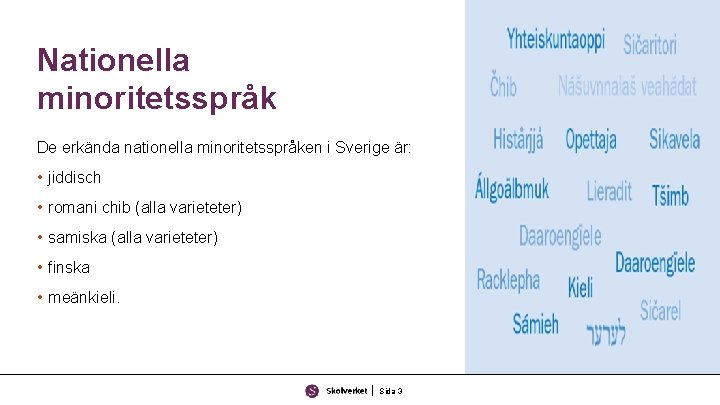 Nationella minoritetsspråk De erkända nationella minoritetsspråken i Sverige är: • jiddisch • romani chib