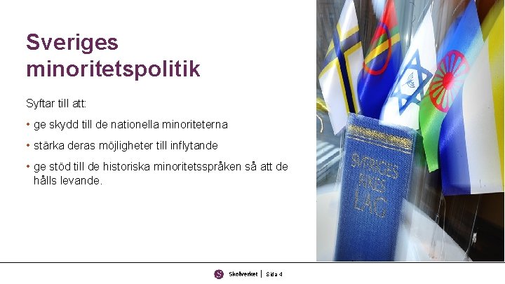 Sveriges minoritetspolitik Syftar till att: • ge skydd till de nationella minoriteterna • stärka