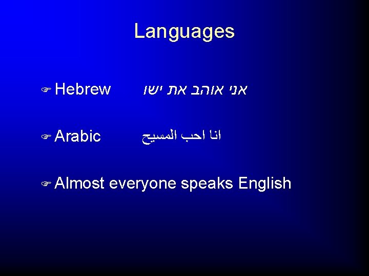 Languages F Hebrew אני אוהב את ישו F Arabic ﺍﻧﺎ ﺍﺣﺐ ﺍﻟﻤﺴﻴﺢ F Almost