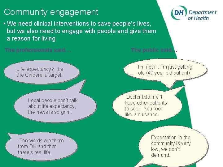 Community engagement • We need clinical interventions to save people’s lives, but we also