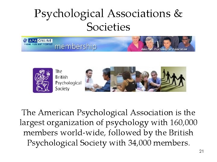 Psychological Associations & Societies The American Psychological Association is the largest organization of psychology