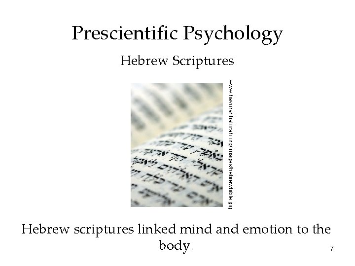 Prescientific Psychology Hebrew Scriptures www. havurahhatorah. org/images/hebrewbible. jpg Hebrew scriptures linked mind and emotion