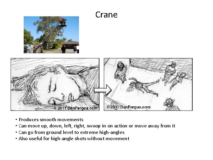 Crane • Produces smooth movements • Can move up, down, left, right, swoop in