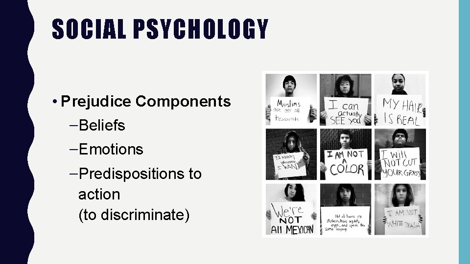 SOCIAL PSYCHOLOGY • Prejudice Components –Beliefs –Emotions –Predispositions to action (to discriminate) 