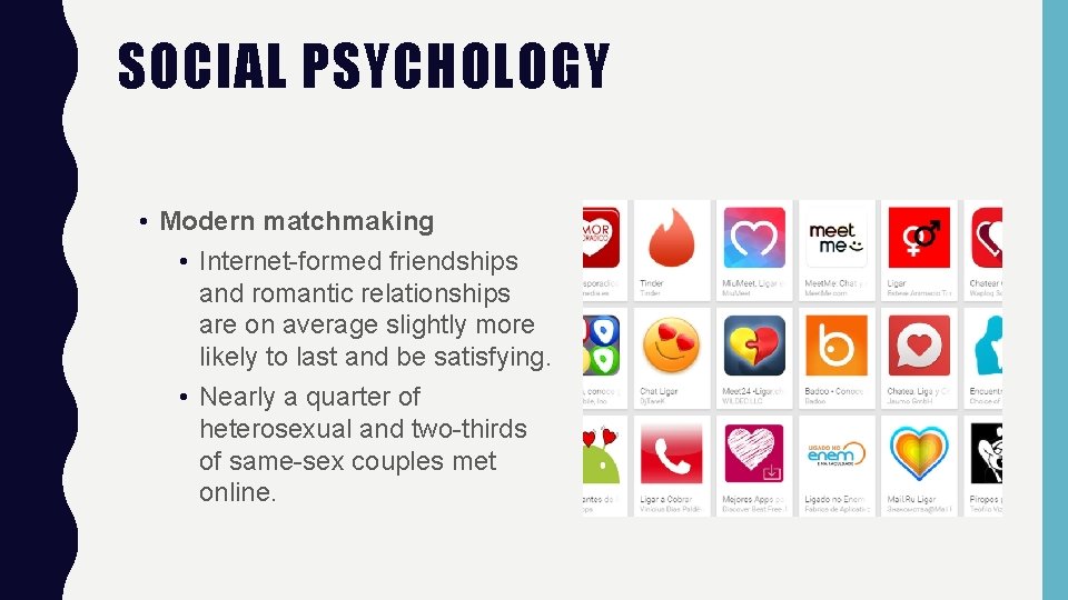 SOCIAL PSYCHOLOGY • Modern matchmaking • Internet-formed friendships and romantic relationships are on average