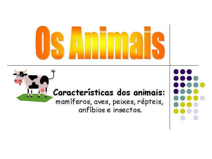 Características dos animais: mamíferos, aves, peixes, répteis, anfíbios e insectos. 