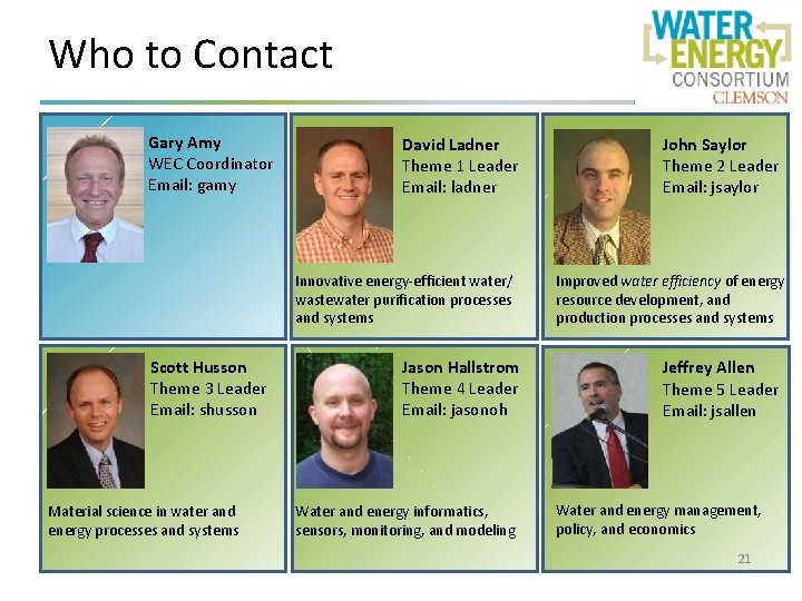 Who to Contact Gary Amy WEC Coordinator Email: gamy David Ladner Theme 1 Leader