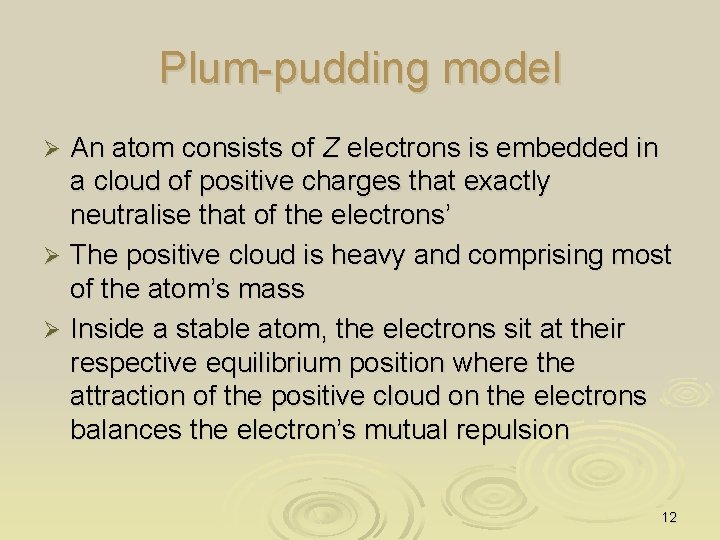 Plum-pudding model An atom consists of Z electrons is embedded in a cloud of