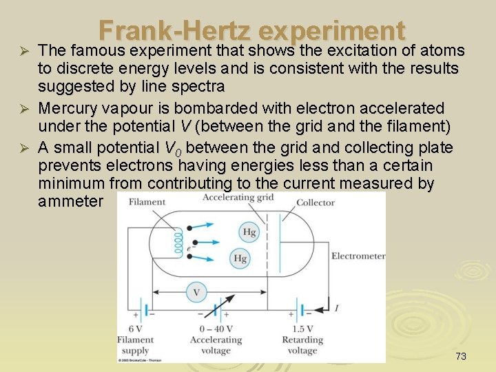Frank-Hertz experiment The famous experiment that shows the excitation of atoms to discrete energy