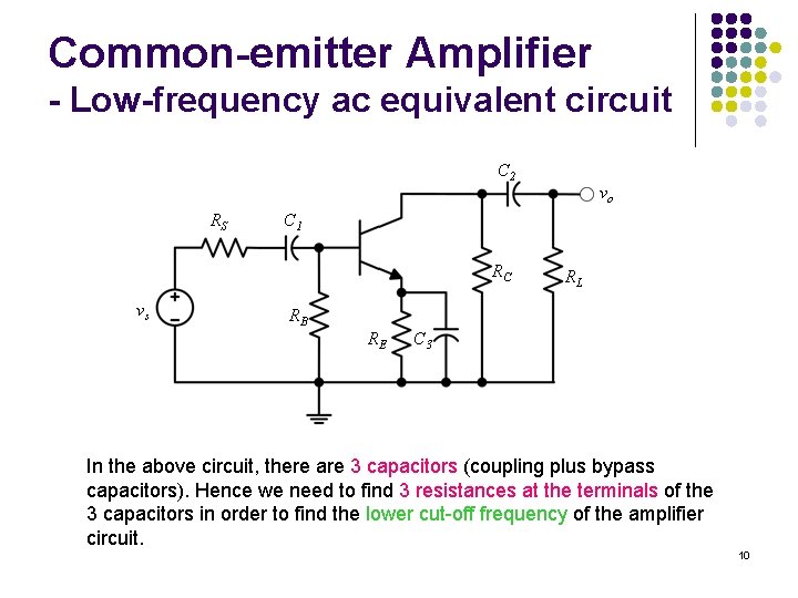 Common-emitter Amplifier - Low-frequency ac equivalent circuit C 2 RS C 1 RC vs