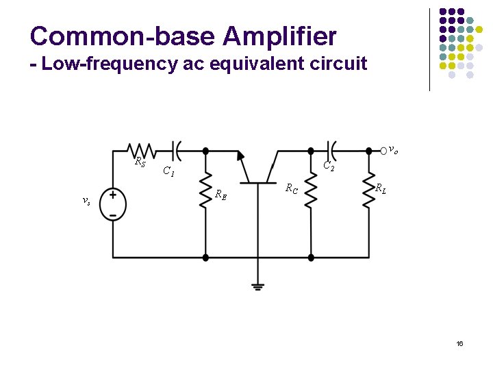 Common-base Amplifier - Low-frequency ac equivalent circuit RS vs vo C 2 C 1